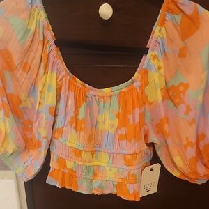 Billabong Multicolor Cropped Floral Blouse With Puff Sleeves